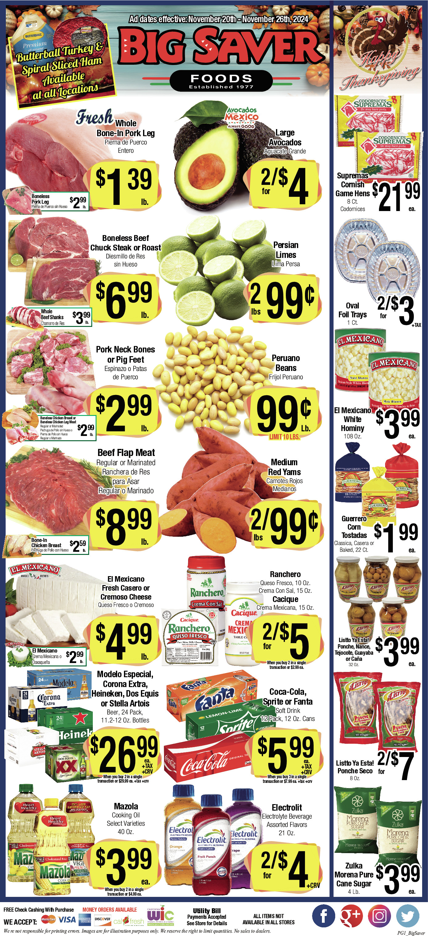 Big Saver Food Weekly AD 1 Page. valid thruogh 11/20/2024 - 11/26/2024